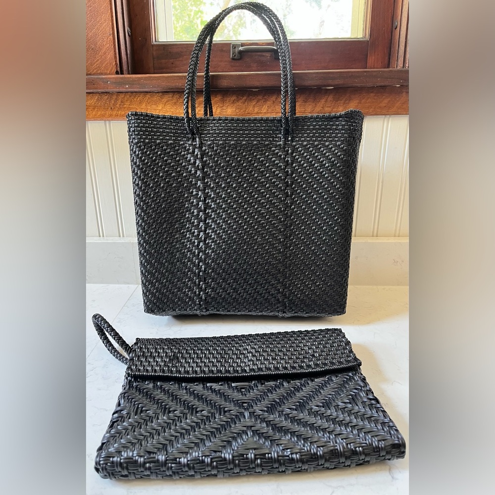 Black Woven Mercado Tote Bag & Wristlet Clutch